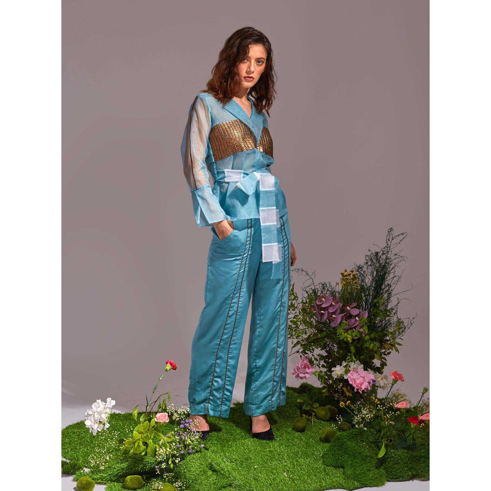 AN'ERA BY ASMITA VERMA Aqua Nora Jacket with Pant and Belt (Set of 3)
