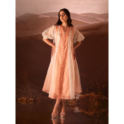 AN'ERA BY ASMITA VERMA Clover Peach Embroidered Dress and Slip (Set of 2)