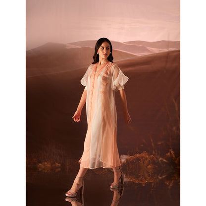 AN'ERA BY ASMITA VERMA Clover Peach Embroidered Dress and Slip (Set of 2)