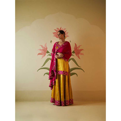 ANGAD SINGH Mustard Satin Silk Sharara with Kurti & Dupatta (Set of 3)
