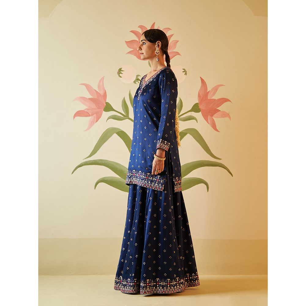 ANGAD SINGH Mid Night Blue Satin Silk Sharara with Kurti & Dupatta (Set of 3)