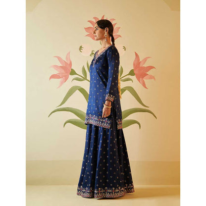 ANGAD SINGH Mid Night Blue Satin Silk Sharara with Kurti & Dupatta (Set of 3)