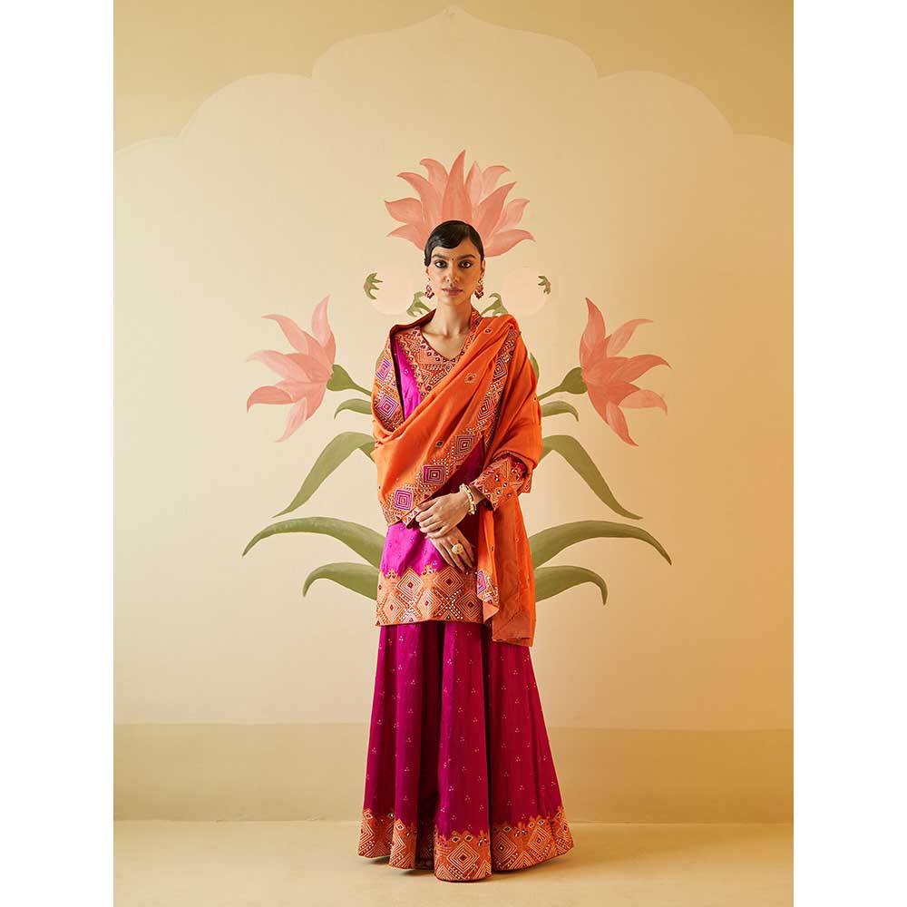 ANGAD SINGH Crimson Satin Silk Sharara with Kurti & Dupatta (Set of 3)