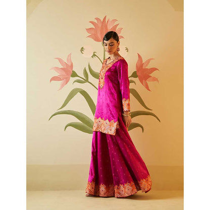 ANGAD SINGH Crimson Satin Silk Sharara with Kurti & Dupatta (Set of 3)