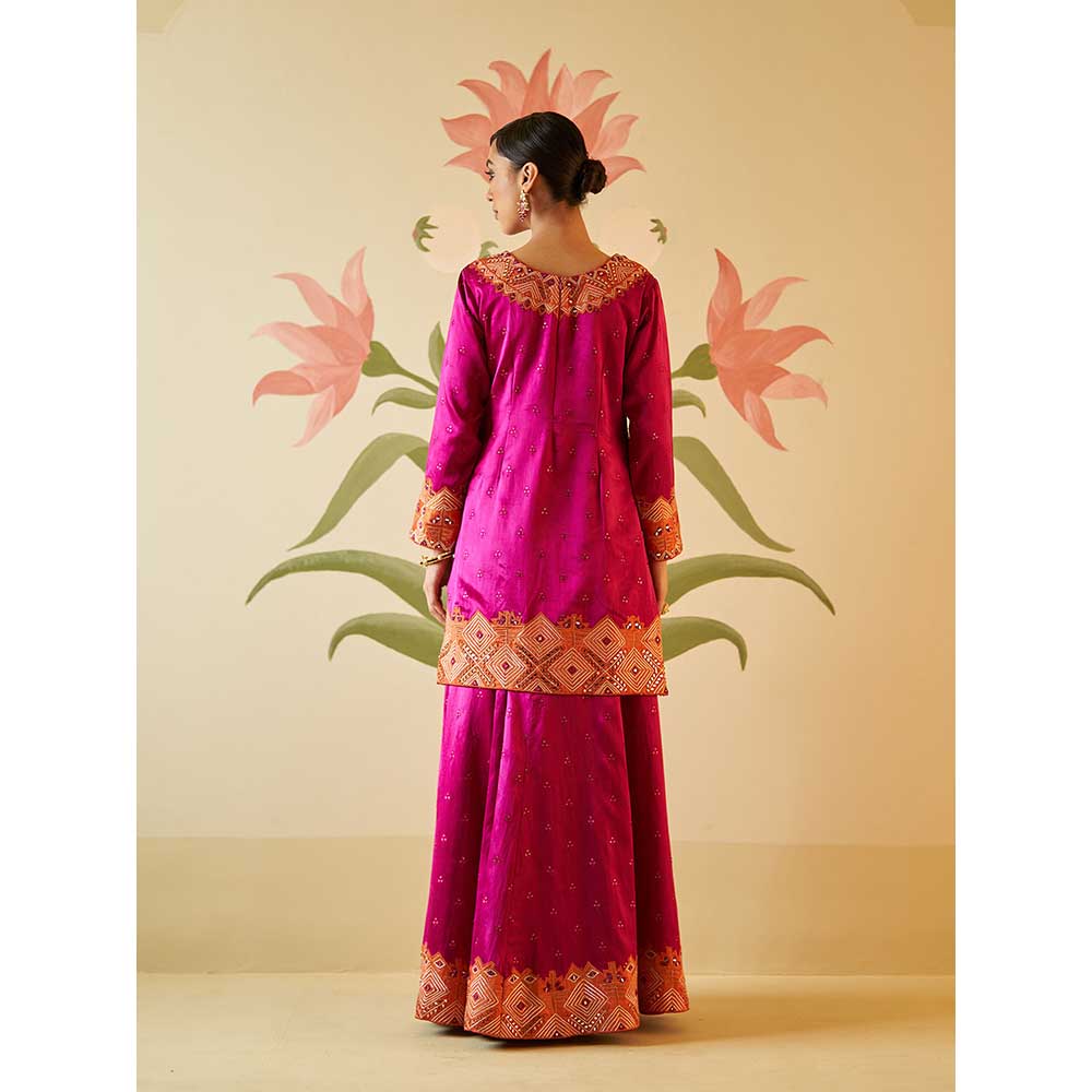 ANGAD SINGH Crimson Satin Silk Sharara with Kurti & Dupatta (Set of 3)