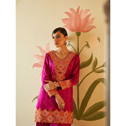 ANGAD SINGH Crimson Satin Silk Sharara with Kurti & Dupatta (Set of 3)