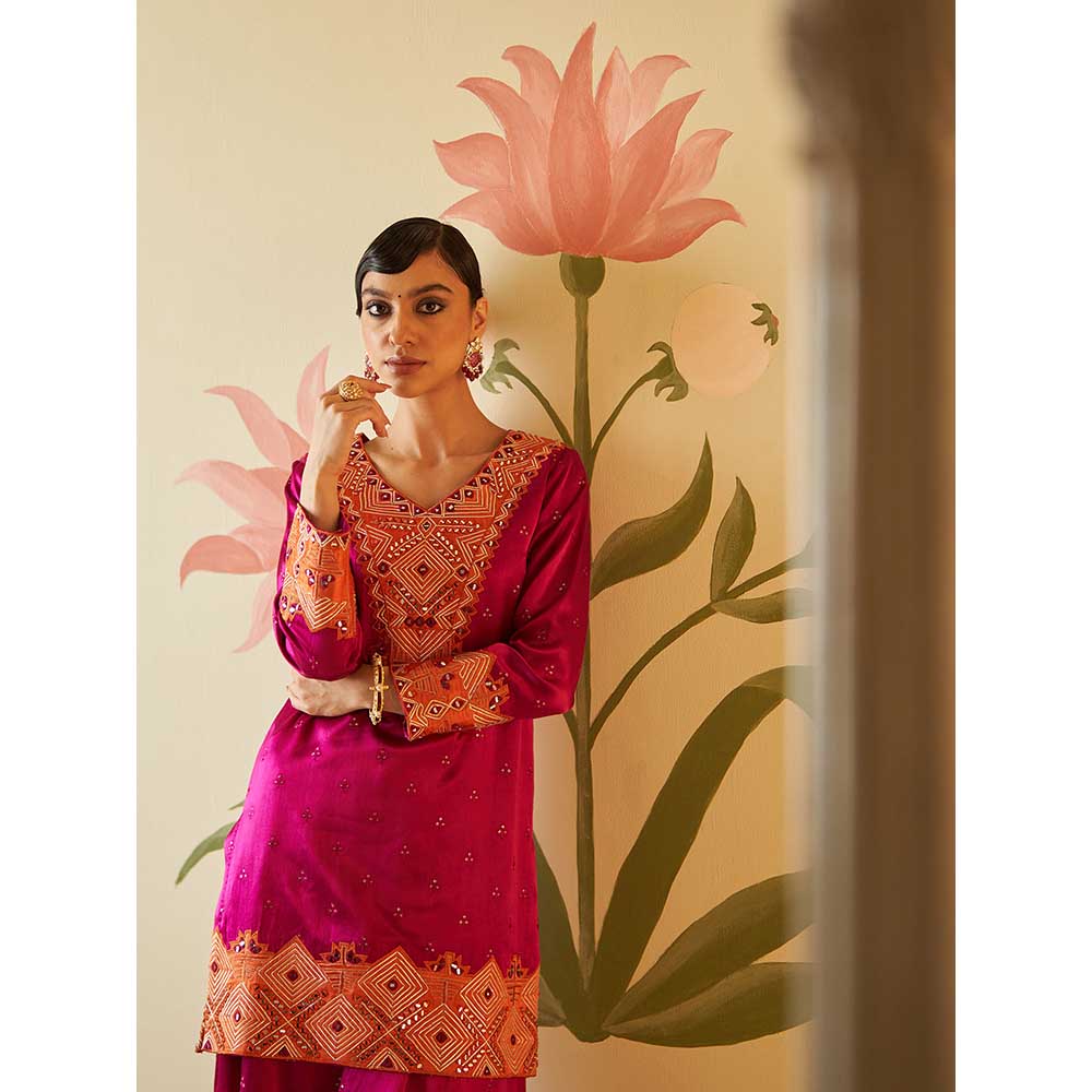 ANGAD SINGH Crimson Satin Silk Sharara with Kurti & Dupatta (Set of 3)