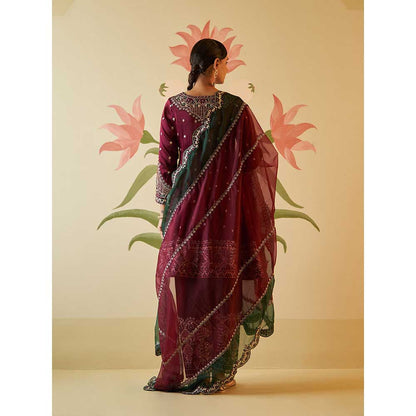 ANGAD SINGH Wine Satin Silk Anarkali Kurta with Pant & Dupatta (Set of 3)