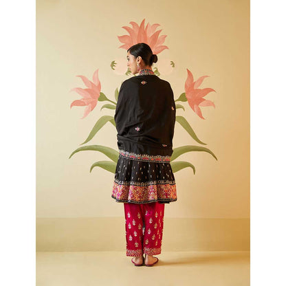 ANGAD SINGH Black Satin Silk Anarkali Kurta with Pant & Dupatta (Set of 3)