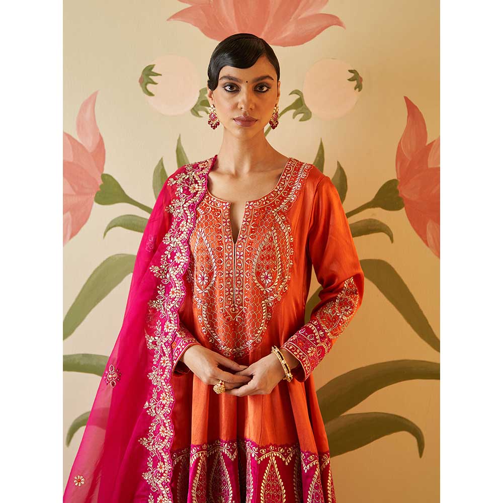 ANGAD SINGH Orange Satin Silk Anarkali Kurta with Pant & Dupatta (Set of 3)