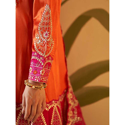 ANGAD SINGH Orange Satin Silk Anarkali Kurta with Pant & Dupatta (Set of 3)