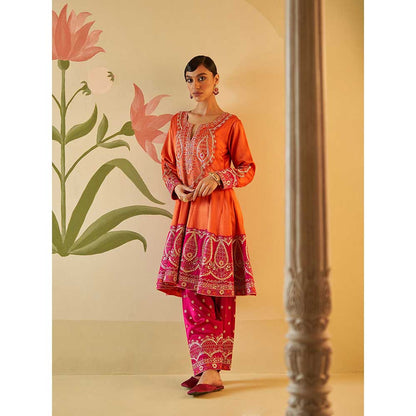 ANGAD SINGH Orange Satin Silk Anarkali Kurta with Pant & Dupatta (Set of 3)