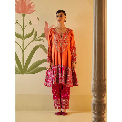 ANGAD SINGH Orange Satin Silk Anarkali Kurta with Pant & Dupatta (Set of 3)