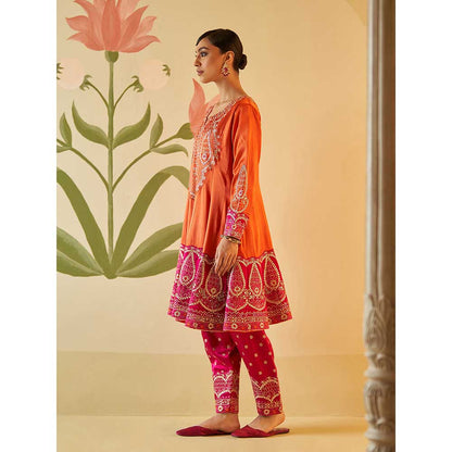 ANGAD SINGH Orange Satin Silk Anarkali Kurta with Pant & Dupatta (Set of 3)