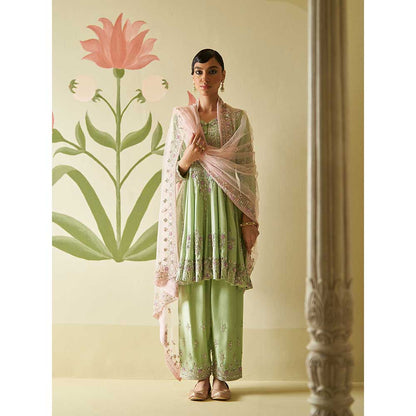 ANGAD SINGH Mint Green Chanderi Silk Anarkali Kurta with Pant & Dupatta (Set of 3)