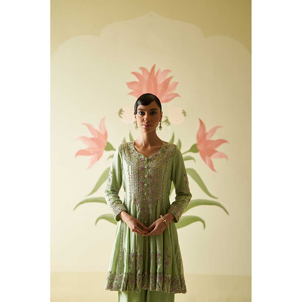 ANGAD SINGH Mint Green Chanderi Silk Anarkali Kurta with Pant & Dupatta (Set of 3)