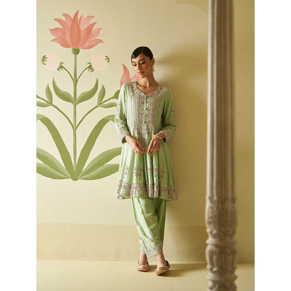 ANGAD SINGH Mint Green Chanderi Silk Anarkali Kurta with Pant & Dupatta (Set of 3)