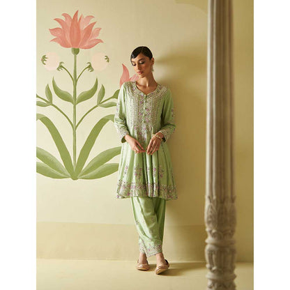 ANGAD SINGH Mint Green Chanderi Silk Anarkali Kurta with Pant & Dupatta (Set of 3)