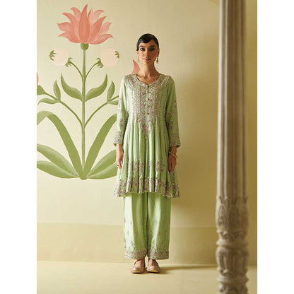 ANGAD SINGH Mint Green Chanderi Silk Anarkali Kurta with Pant & Dupatta (Set of 3)