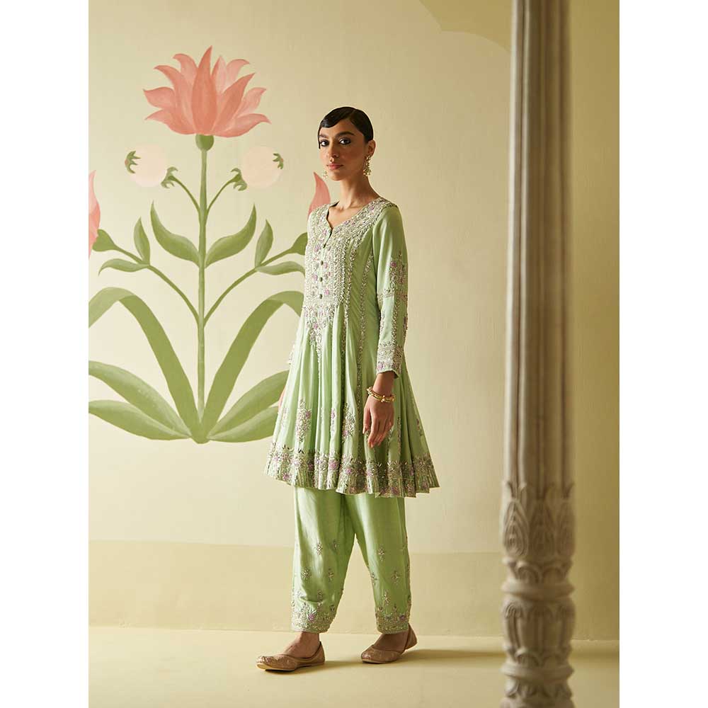 ANGAD SINGH Mint Green Chanderi Silk Anarkali Kurta with Pant & Dupatta (Set of 3)