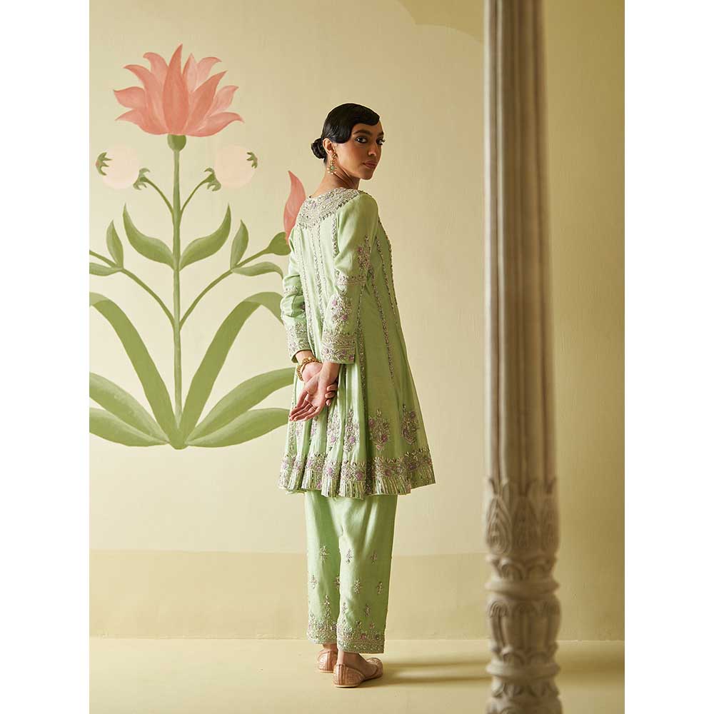 ANGAD SINGH Mint Green Chanderi Silk Anarkali Kurta with Pant & Dupatta (Set of 3)