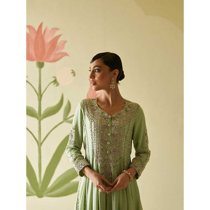 ANGAD SINGH Mint Green Chanderi Silk Anarkali Kurta with Pant & Dupatta (Set of 3)