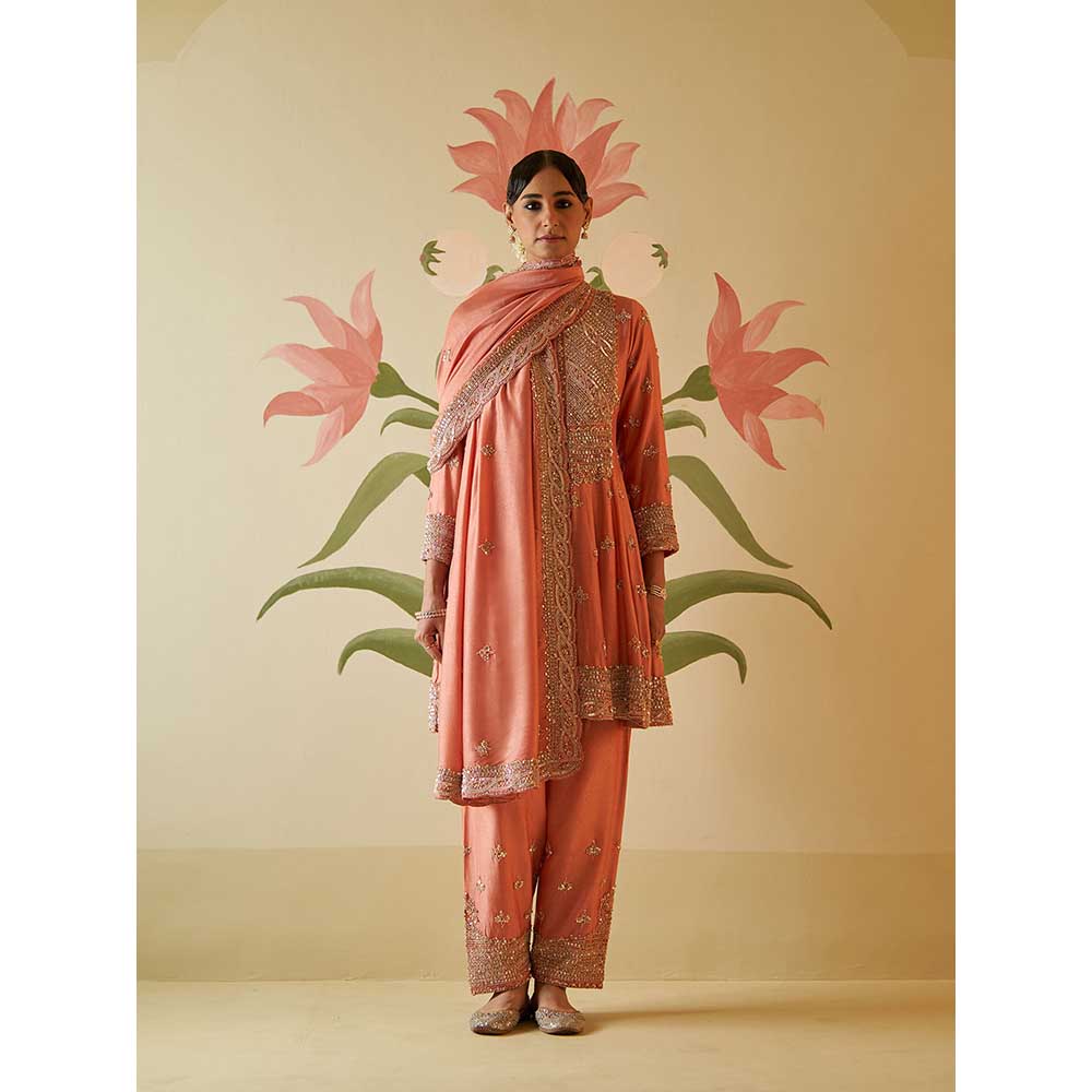 ANGAD SINGH Salmon Chanderi Silk Anarkali Kurta with Pant & Dupatta (Set of 3)