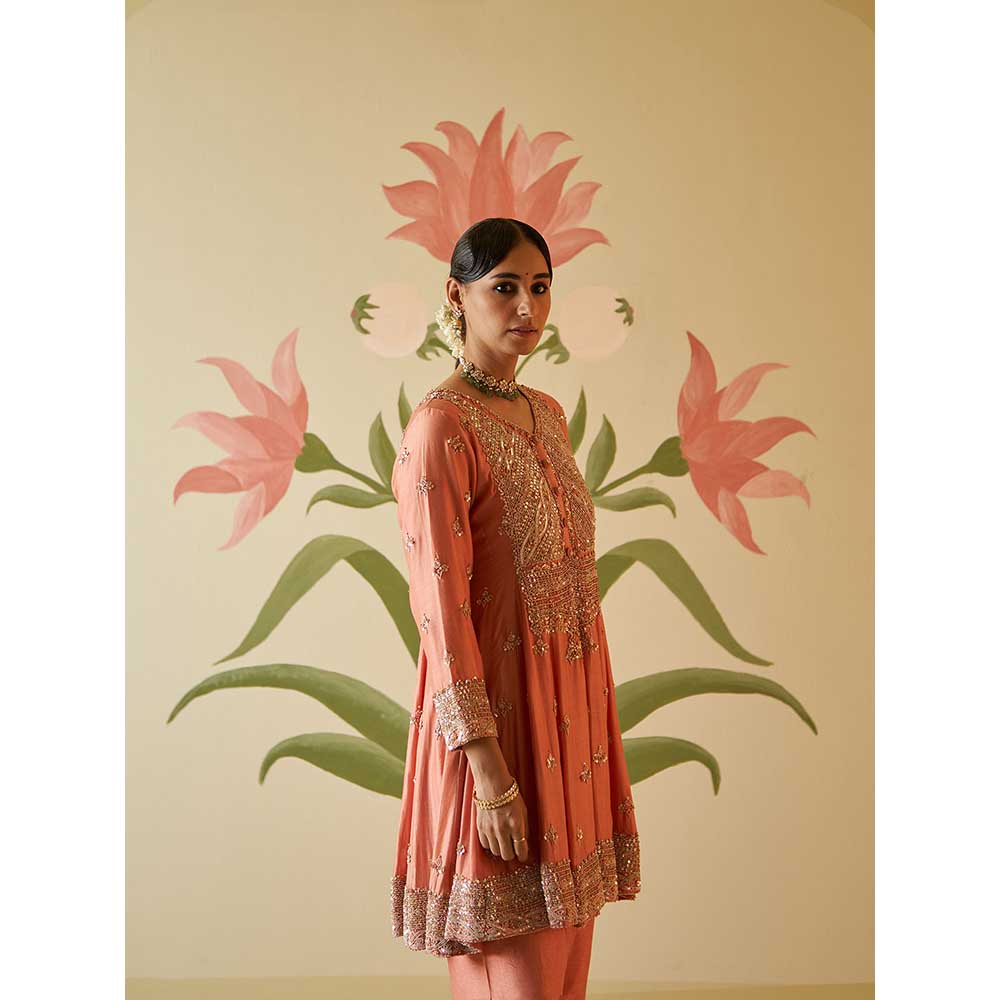 ANGAD SINGH Salmon Chanderi Silk Anarkali Kurta with Pant & Dupatta (Set of 3)