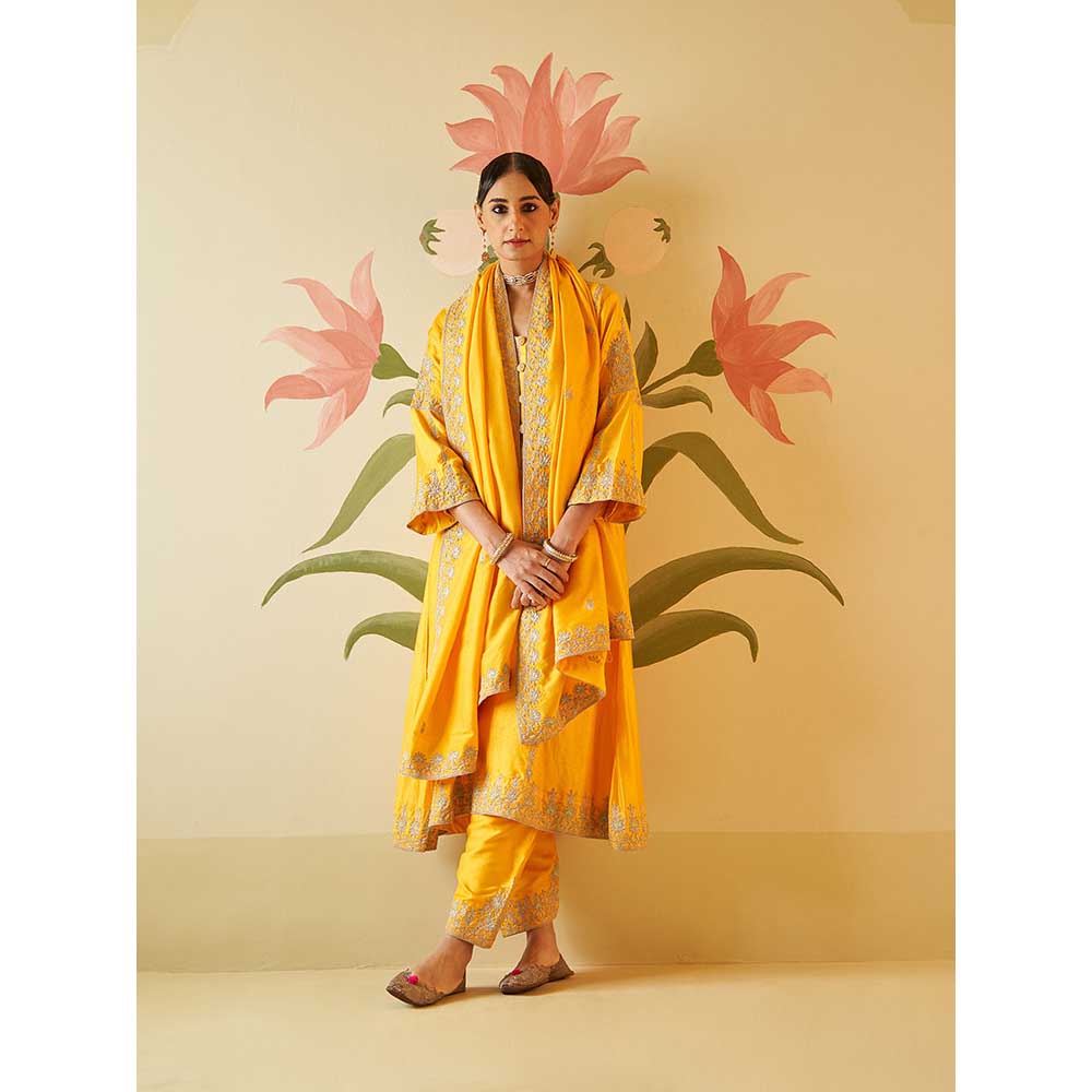 ANGAD SINGH Yellow Chanderi Silk Kurta with Pant & Dupatta (Set of 3)