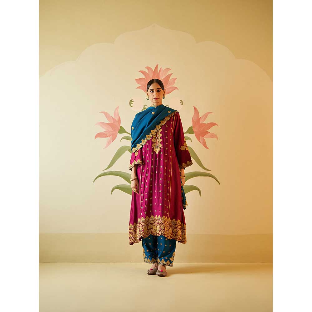 ANGAD SINGH Pink Chanderi Silk Kurta with Pant & Dupatta (Set of 3)