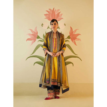 ANGAD SINGH Mustard Satin Kurta with Pant & Dupatta (Set of 3)