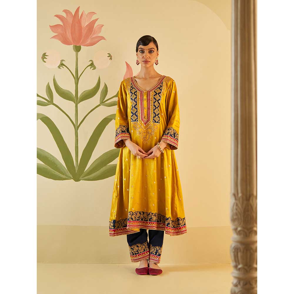 ANGAD SINGH Mustard Satin Kurta with Pant & Dupatta (Set of 3)