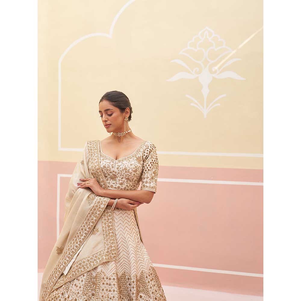 ANGAD SINGH Ivory Raw Silk Lehnga with Blouse & Dupatta (Set of 3)