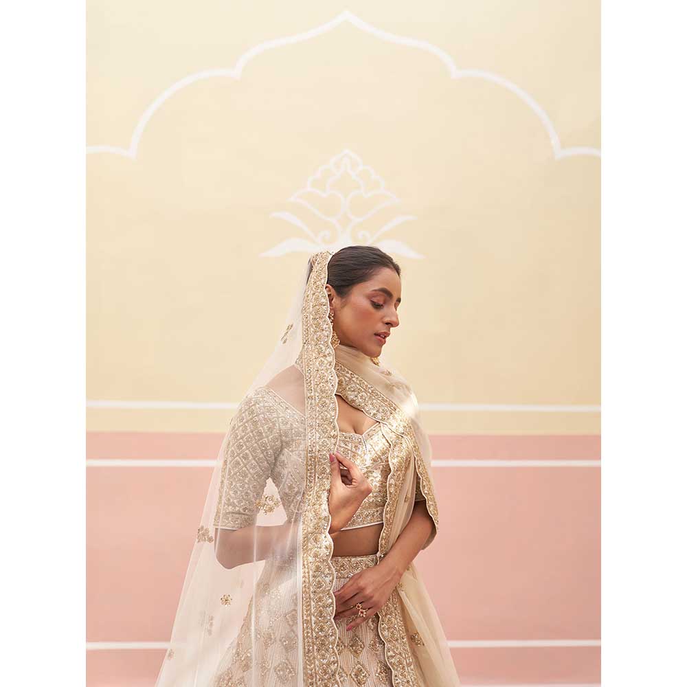 ANGAD SINGH Ivory Raw Silk Lehnga with Blouse & Dupatta (Set of 3)