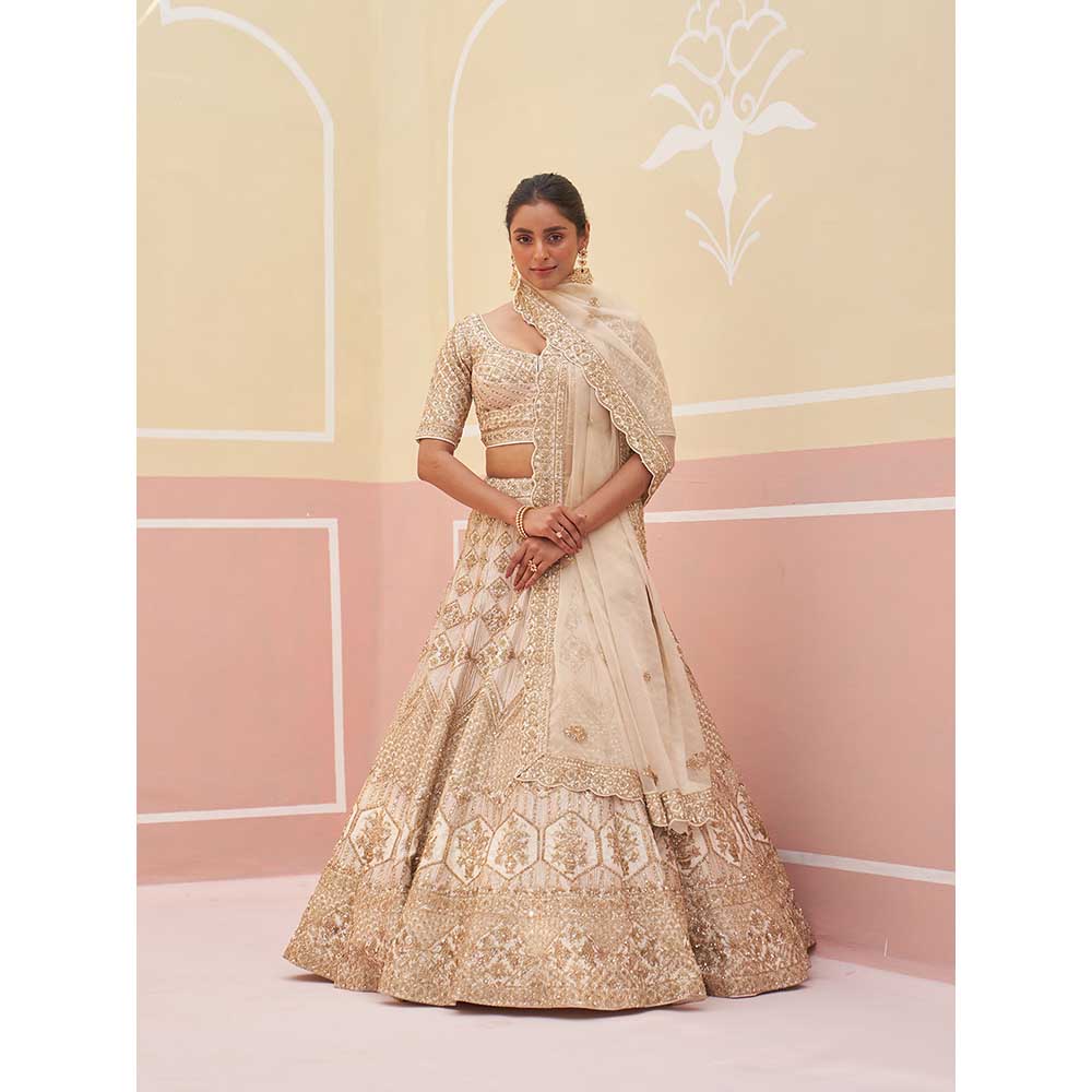 ANGAD SINGH Ivory Raw Silk Lehnga with Blouse & Dupatta (Set of 3)