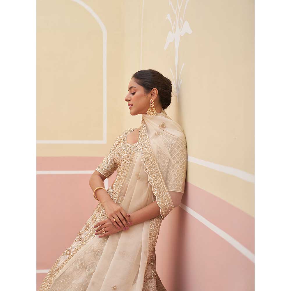 ANGAD SINGH Ivory Raw Silk Lehnga with Blouse & Dupatta (Set of 3)