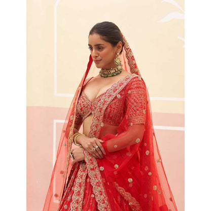 ANGAD SINGH Red Raw Silk Lehnga with Blouse & Dupatta (Set of 3)
