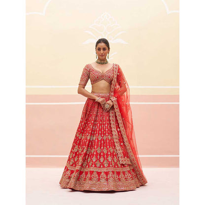 ANGAD SINGH Red Raw Silk Lehnga with Blouse & Dupatta (Set of 3)