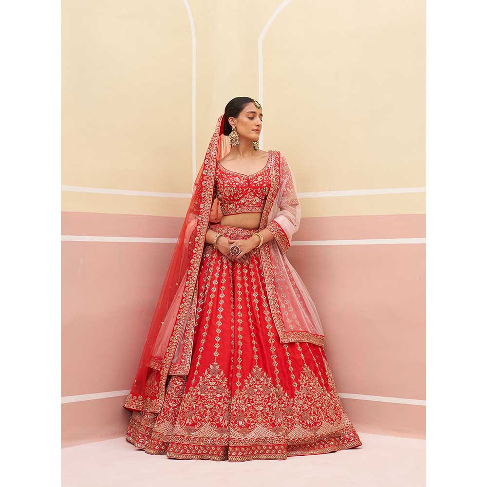 ANGAD SINGH Red Raw Silk Lehnga with Blouse & Dupatta (Set of 3)