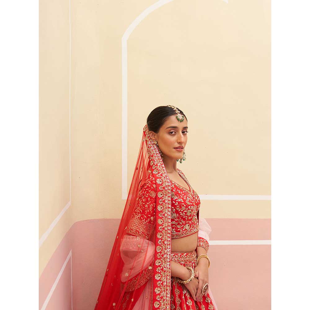 ANGAD SINGH Red Raw Silk Lehnga with Blouse & Dupatta (Set of 3)
