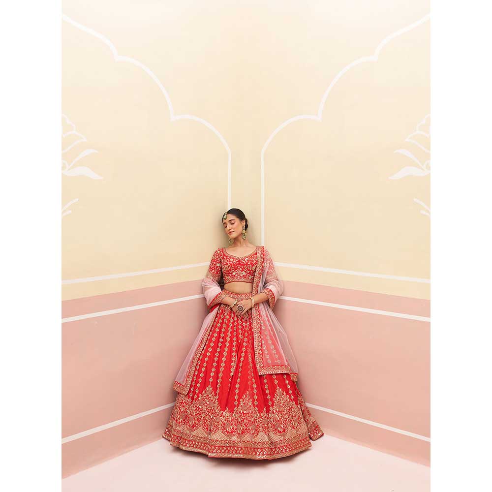 ANGAD SINGH Red Raw Silk Lehnga with Blouse & Dupatta (Set of 3)