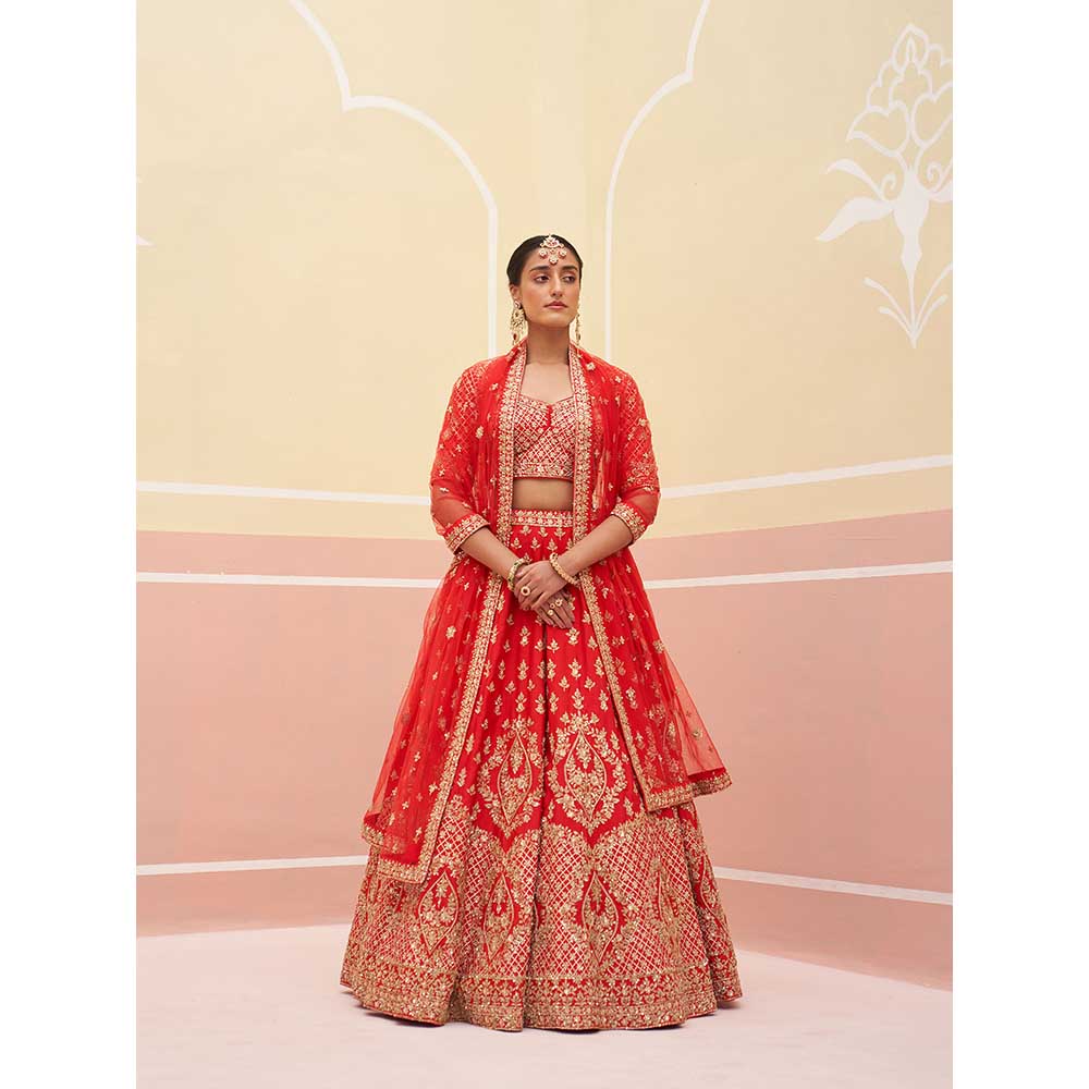 ANGAD SINGH Red Raw Silk Lehnga with Blouse & Dupatta (Set of 3)