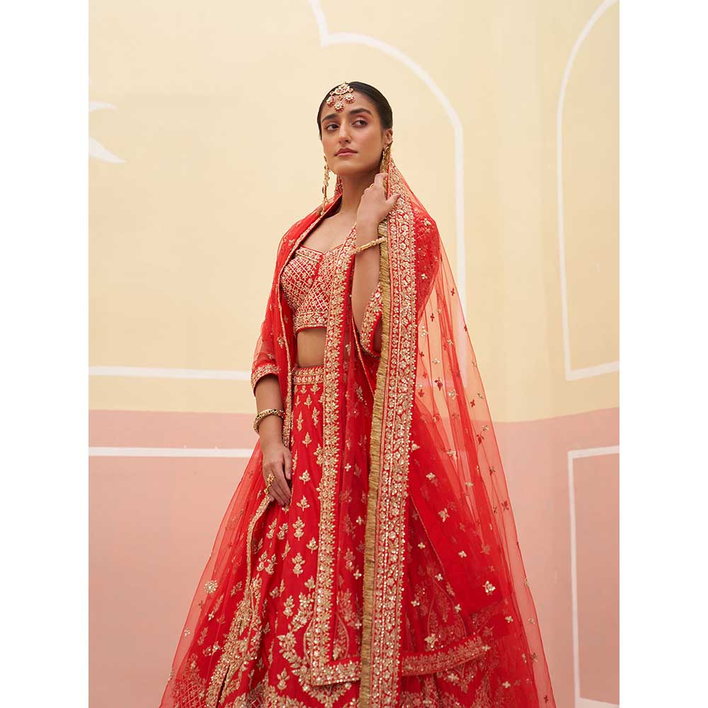 ANGAD SINGH Red Raw Silk Lehnga with Blouse & Dupatta (Set of 3)