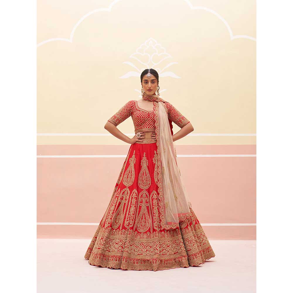 ANGAD SINGH Red Raw Silk Lehnga with Blouse & Dupatta (Set of 3)