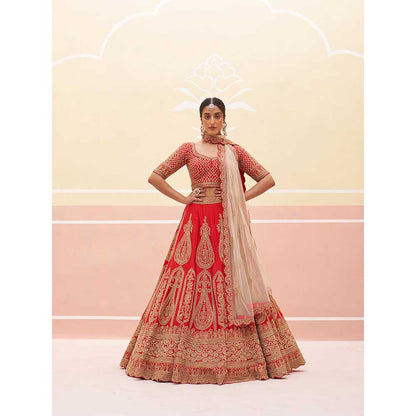 ANGAD SINGH Red Raw Silk Lehnga with Blouse & Dupatta (Set of 3)