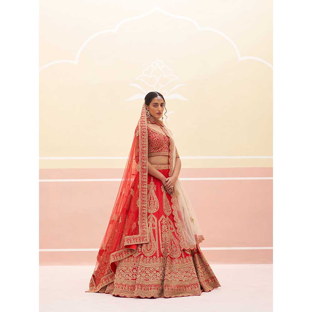 ANGAD SINGH Red Raw Silk Lehnga with Blouse & Dupatta (Set of 3)