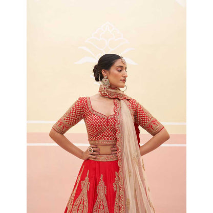 ANGAD SINGH Red Raw Silk Lehnga with Blouse & Dupatta (Set of 3)