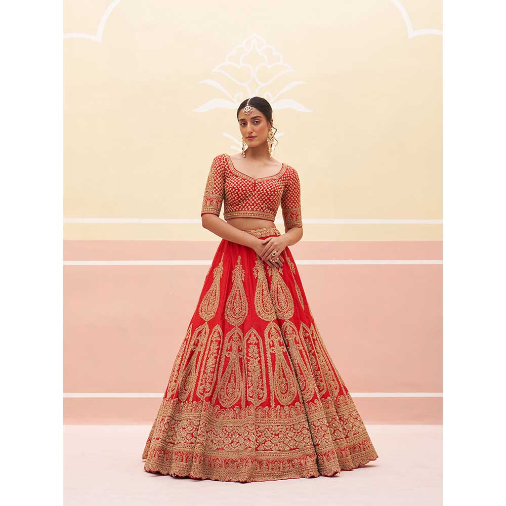 ANGAD SINGH Red Raw Silk Lehnga with Blouse & Dupatta (Set of 3)