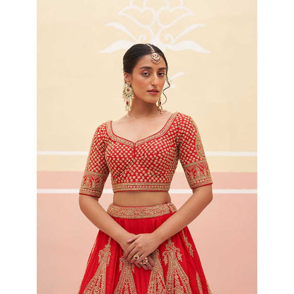ANGAD SINGH Red Raw Silk Lehnga with Blouse & Dupatta (Set of 3)