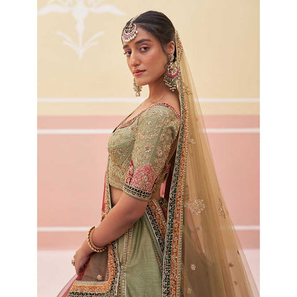 ANGAD SINGH Green Raw Silk Lehnga with Blouse & Dupatta (Set of 3)
